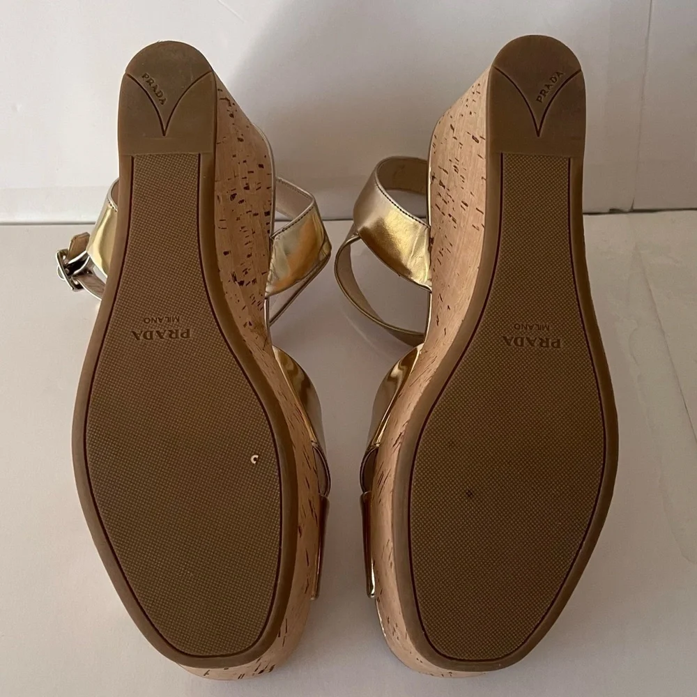 Prada Gold Metallic Cork Wedge Sandals